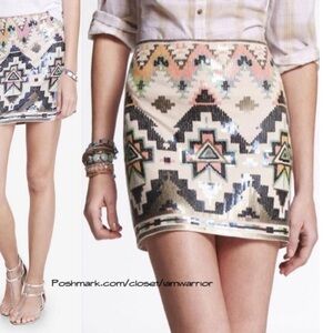 New Chelsea Violet Multi Color Aztec Sequin Lined Mini Skirt Boho Western Sz XS